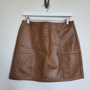 Brown Pieced Faux Leather Mini Skirt